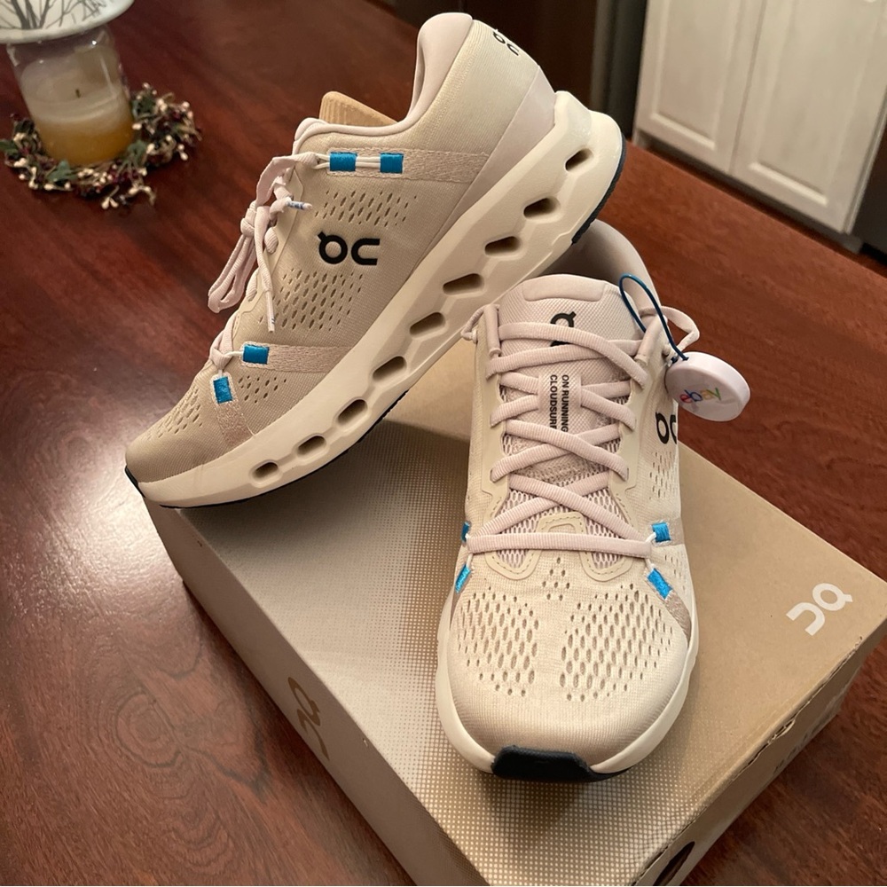 On Cloudsurfer Women's Sneakers in Pearl with Blue Accents